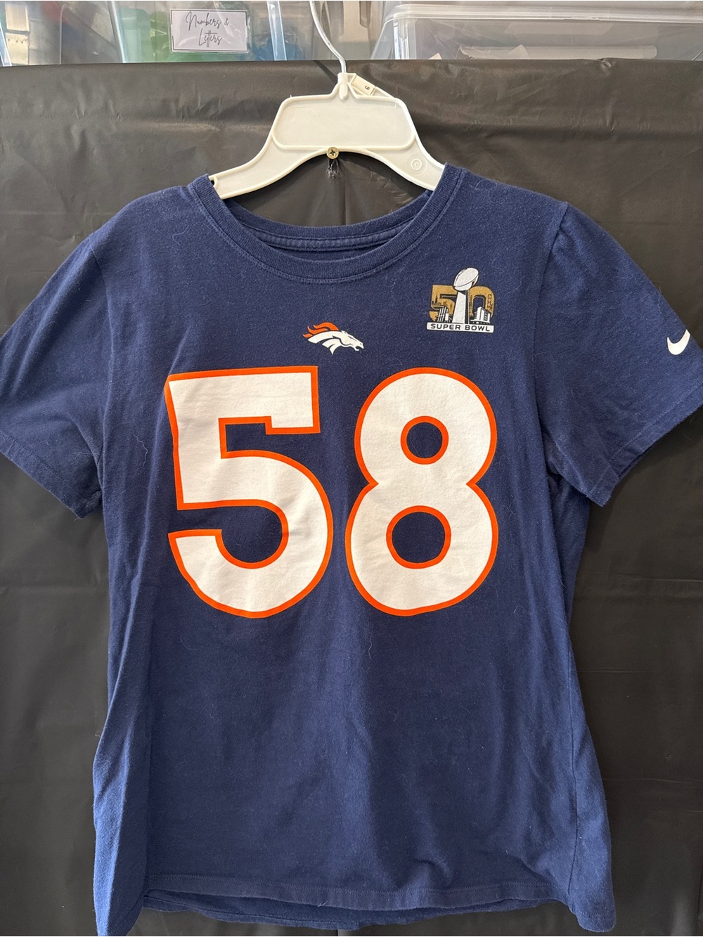 Nike Denver Broncos Navy and Orange #58 Tee with Super Bowl 50 Logo